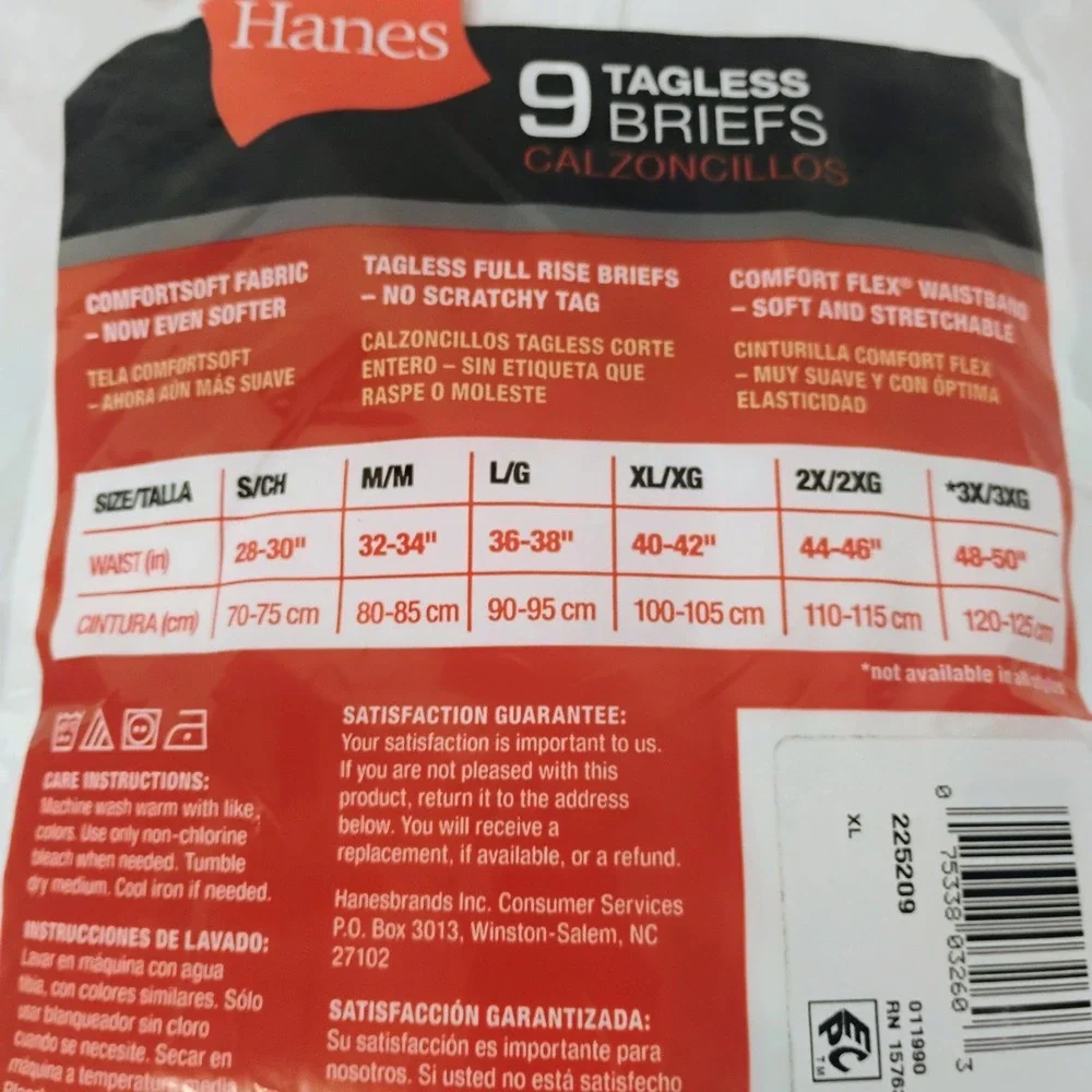 Hanes Mens 9 Pack Tagless Briefs White Full Rise ComfortSoft XL 40-42 2014